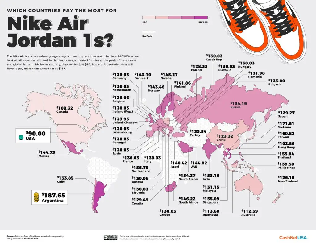 World map: Which countries pay the most for Nike Air Jordan 1s?