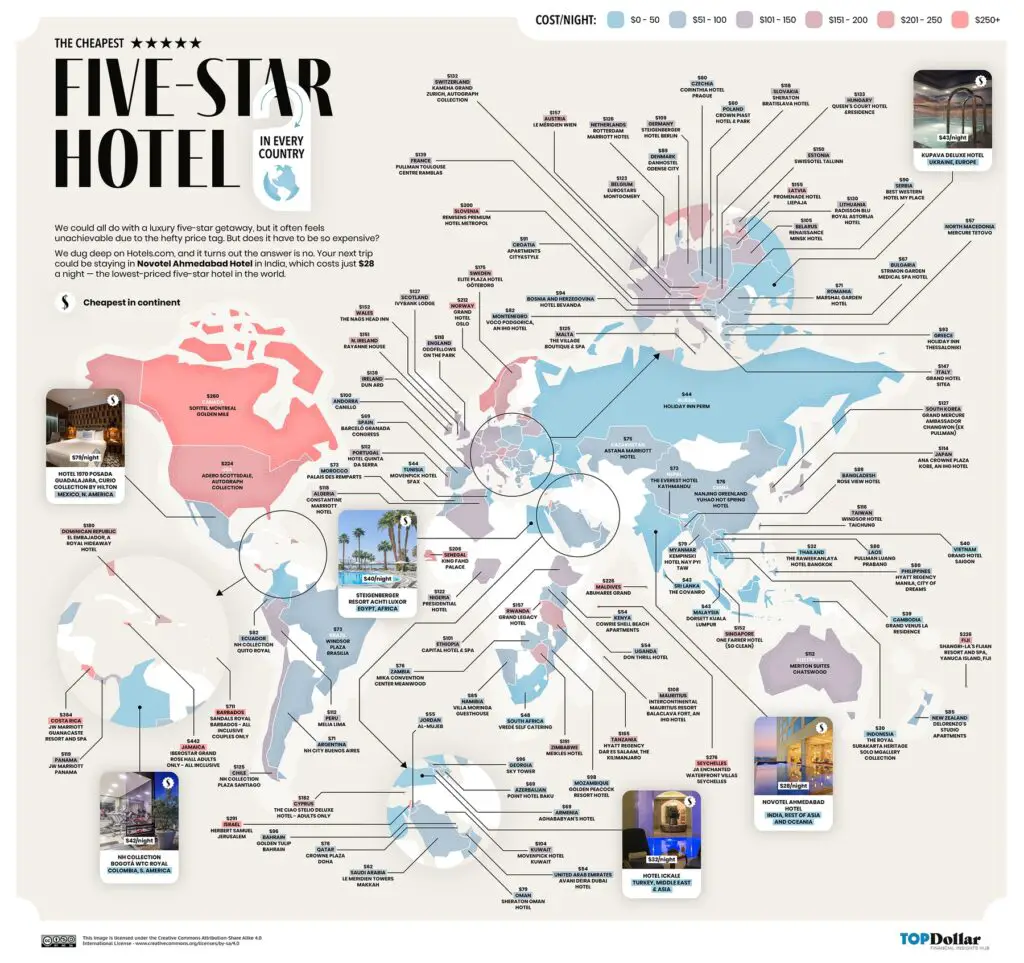 The world map of the cheapest five-star hotel