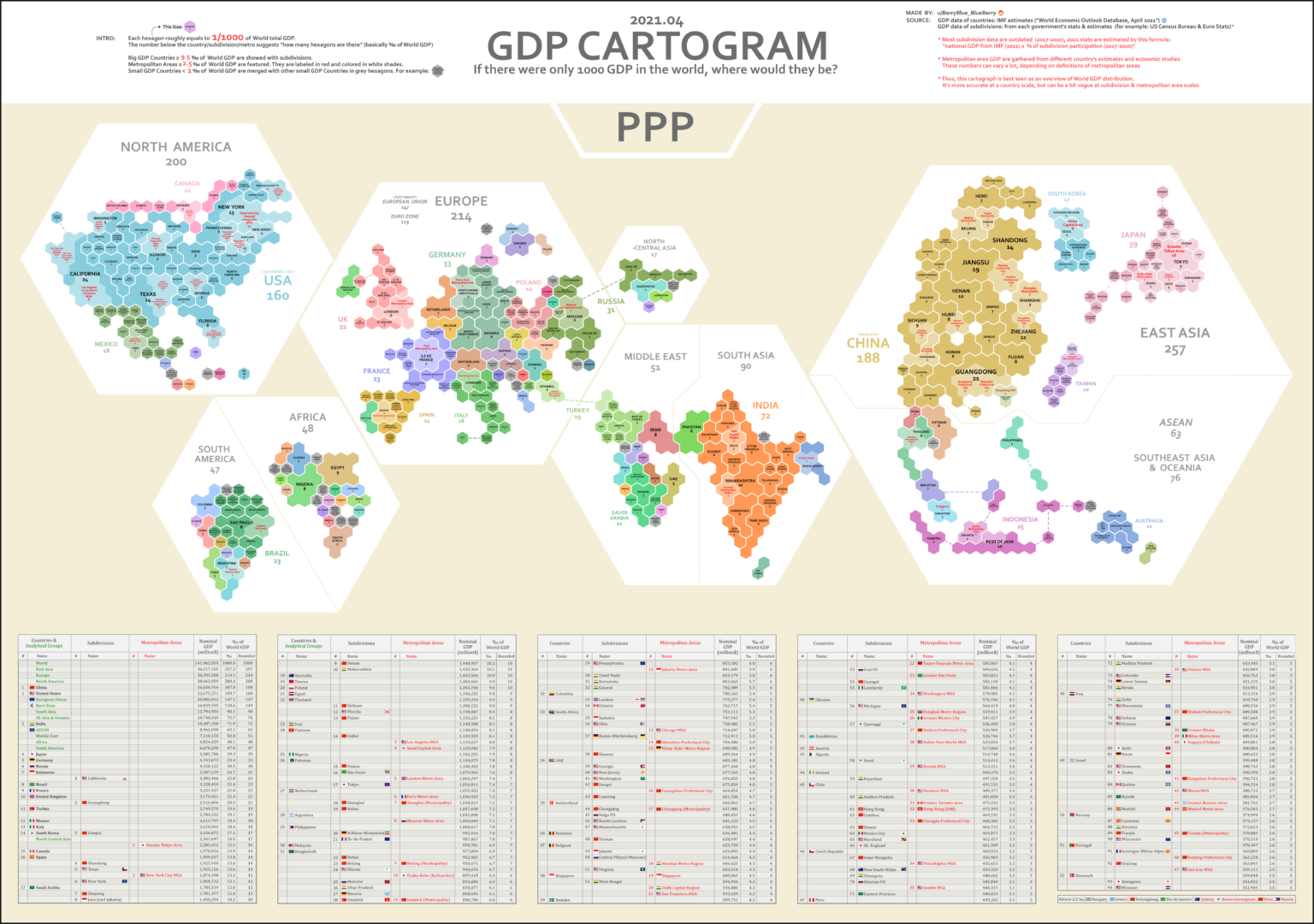 Nominal and per Capita GDP Cartogram with subdivisions - Vivid Maps