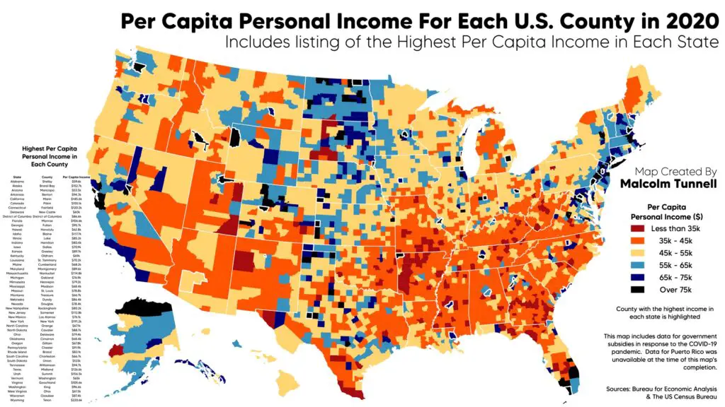 Per Capita Personal Income by U.S. County Mapped