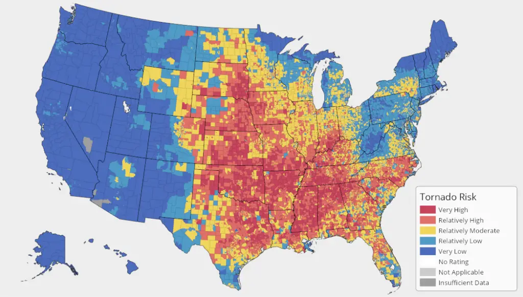 Tornado risk by U.S. county