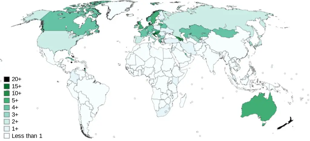 Olympic medals per 10 million people mapped