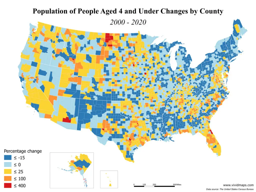 The population of people aged 4 and changes by county from 2000 to 2020 mapped