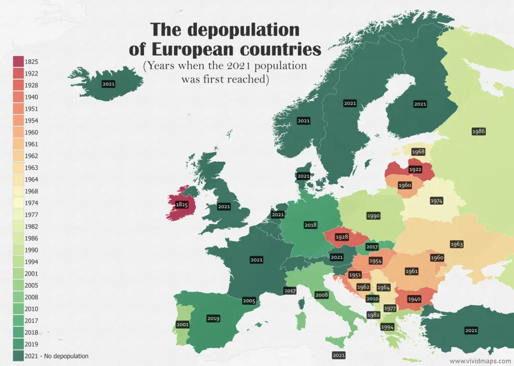 The map of the depopulation of European countries