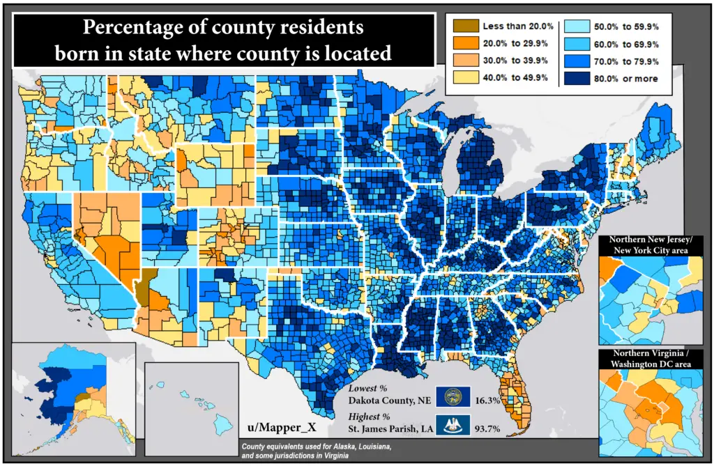 Percentage of county residents born in state where county is located