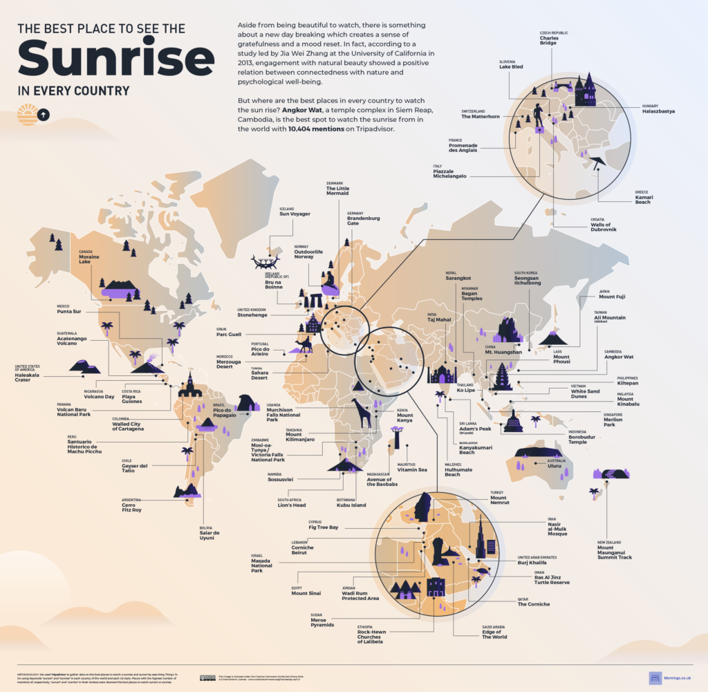 Map of the best places to see the sunrise in every country