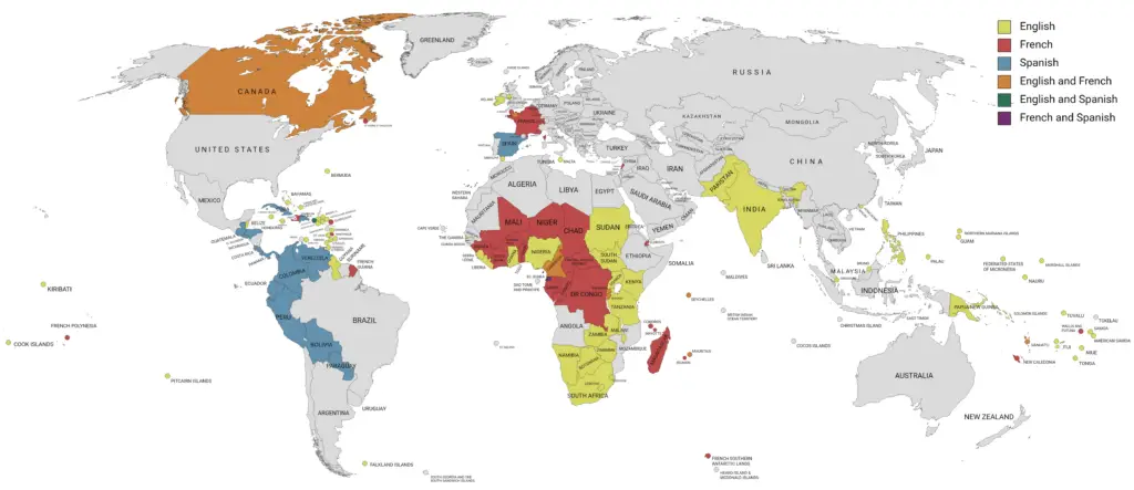 Map of countries where English, French, or Spanish are official and co-official languages