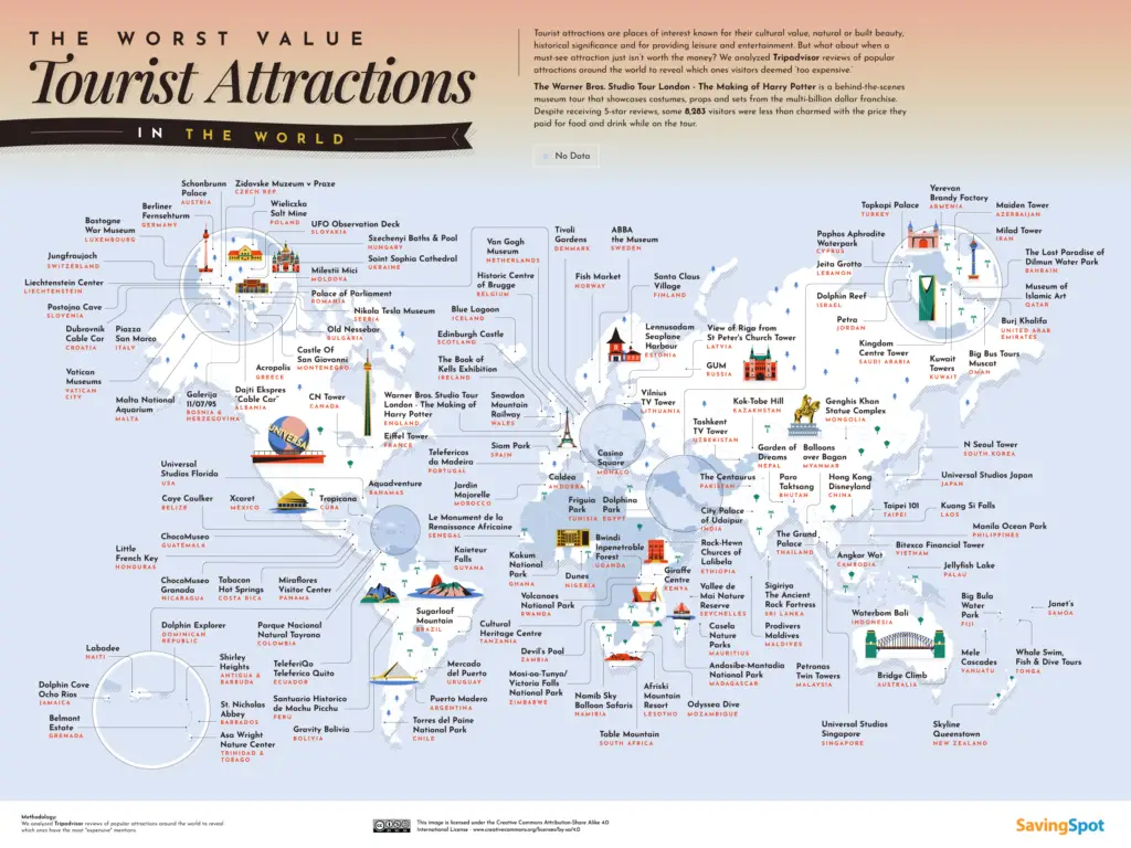 World map of the worst value tourists attractions 