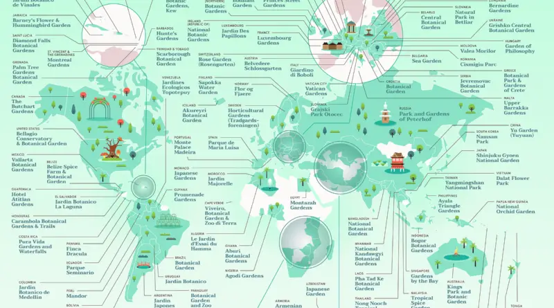 World map of the most beautiful gardens