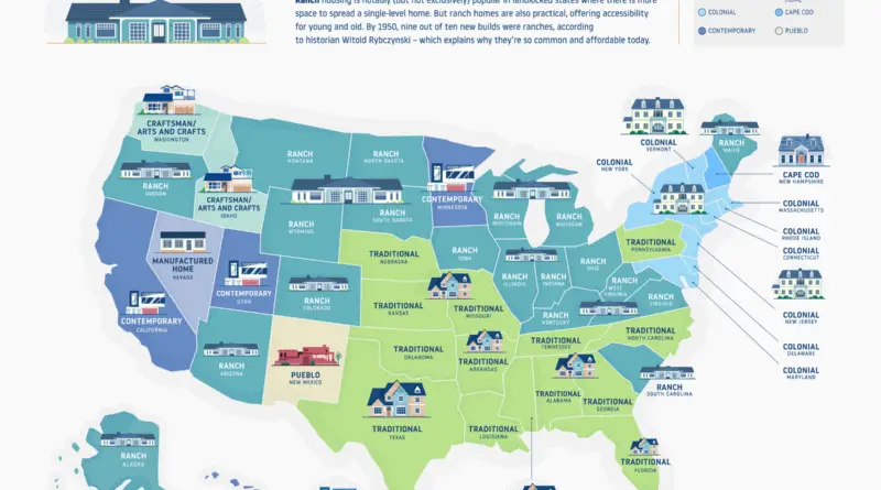 The most common house style in every U.S. state