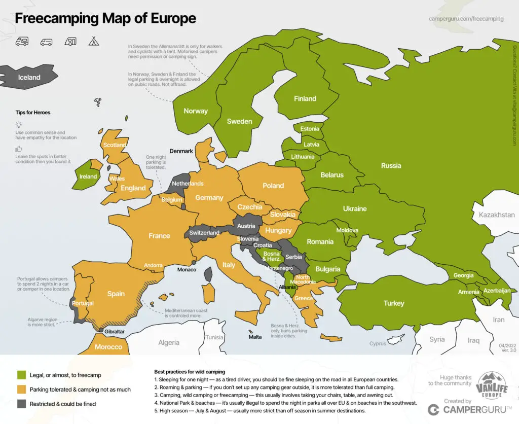 Freecamping map of Europe