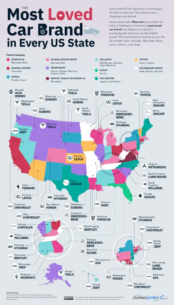 The most loved car brand in every U.S. state