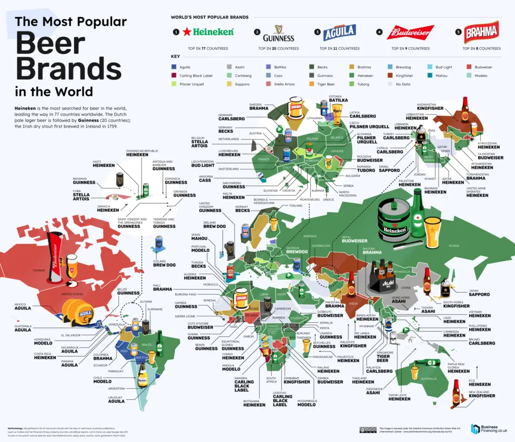 World map of the Most Popular Beer Brands