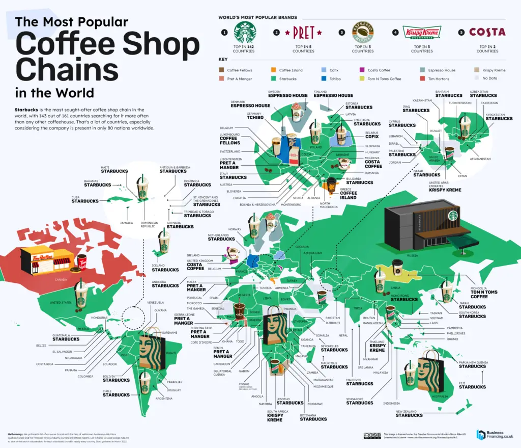 World map of the most popular coffee shop chains