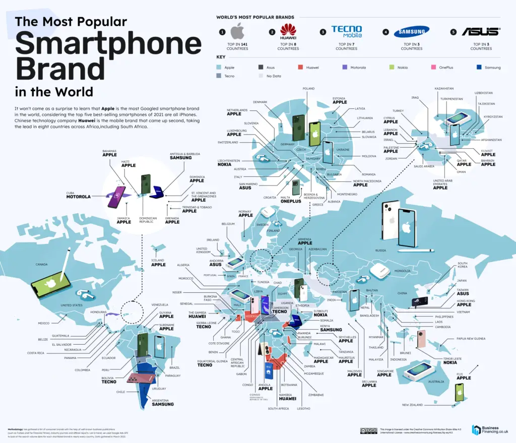 World map of the Most Popular Smartphones Brands