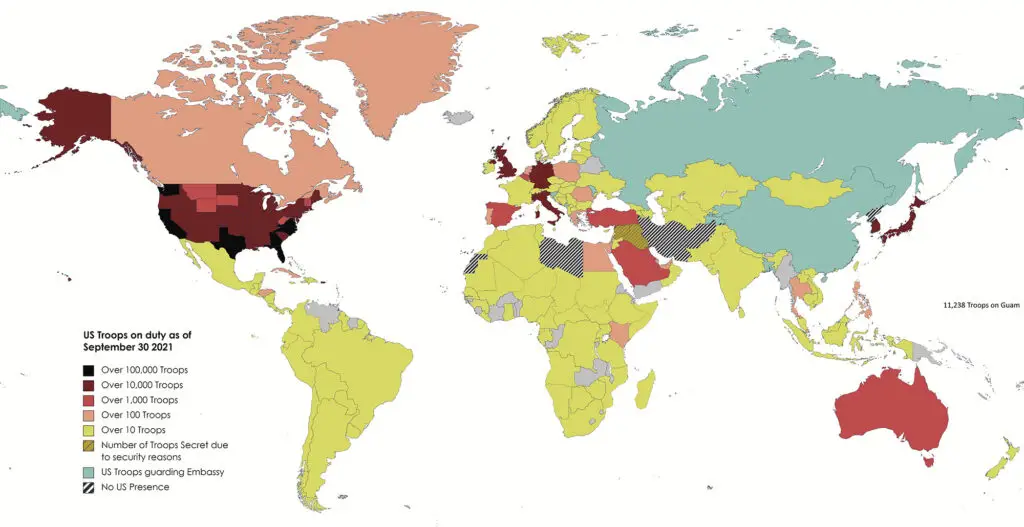 World map of United States military deployments