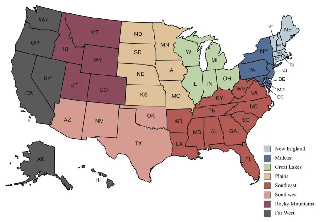 Regions in the US. according to the Bureau of Economic Analysis