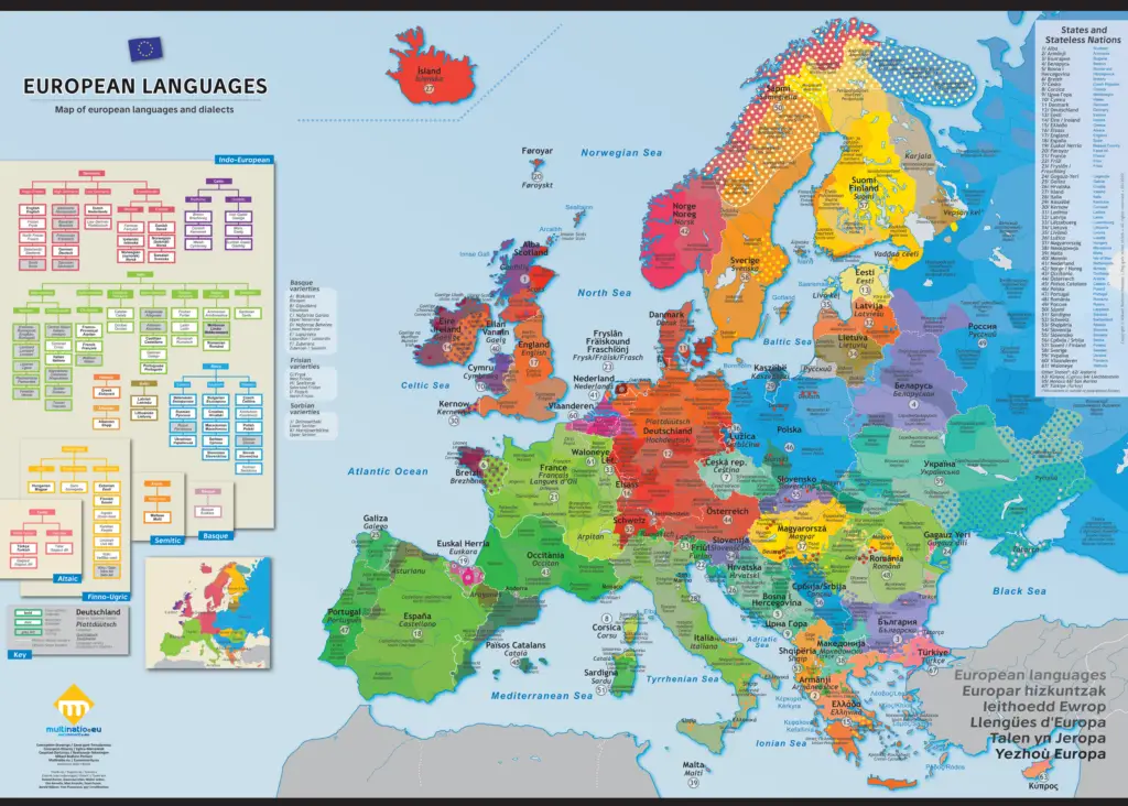 Map poster of languages and dialects in Europe