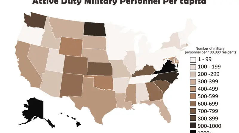 The map of the number of active duty military personnel per 100,000 residents by U.S. state