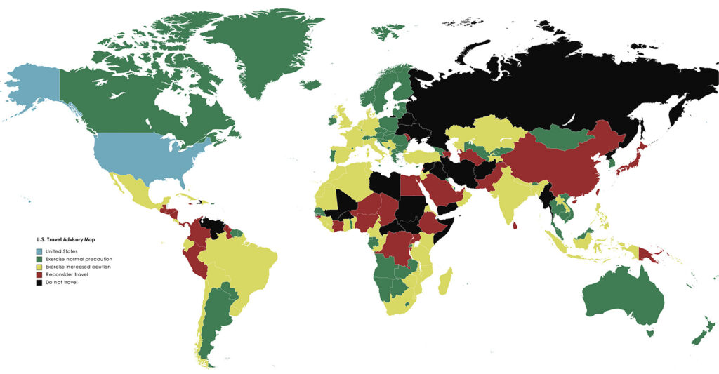 US travel advisory world map