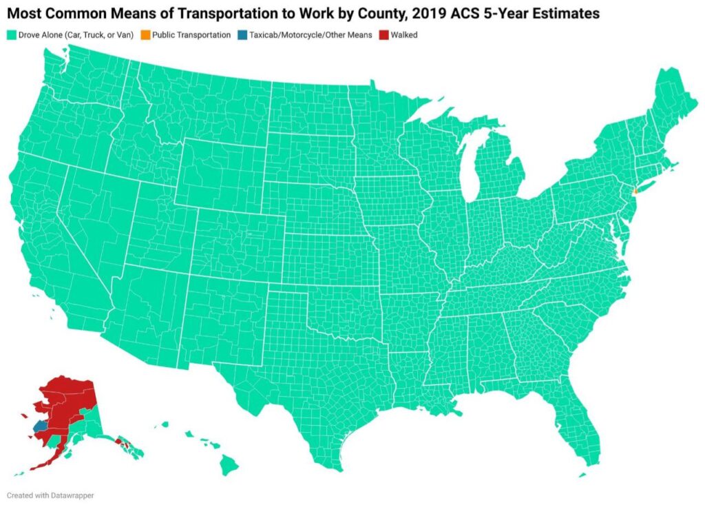 Most Common Transportation to Work by U.S. county