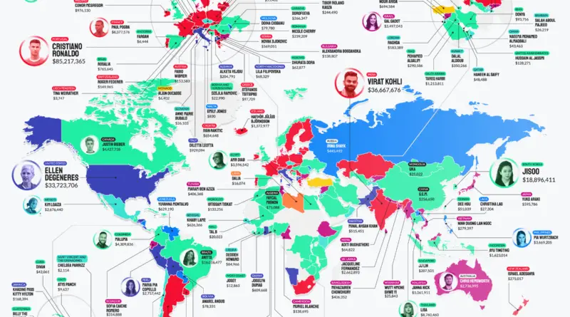 Which celebrity earns the most from Instagram in the World mapped