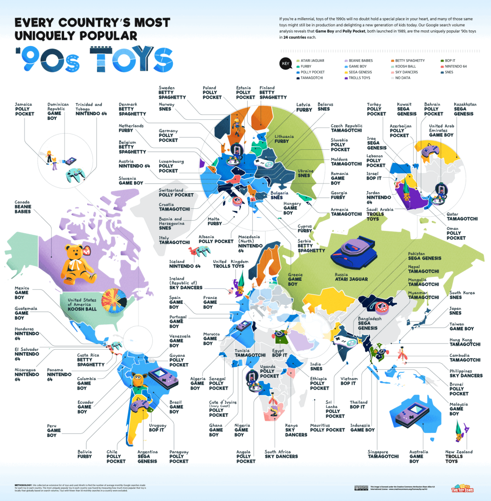 World Map of Every Country's Most Uniquely Popular 90s Toys