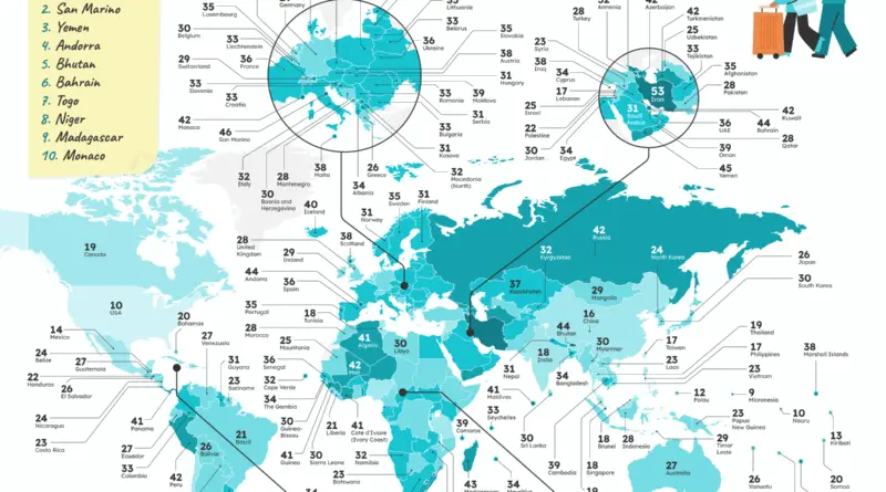 World map of which countries get the most paid vacation days overall