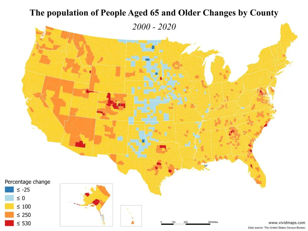 The map of the U.S. population of U.S. people aged 65 and older changes by county.