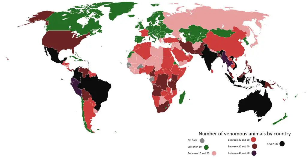 World map of the number of venomous animals