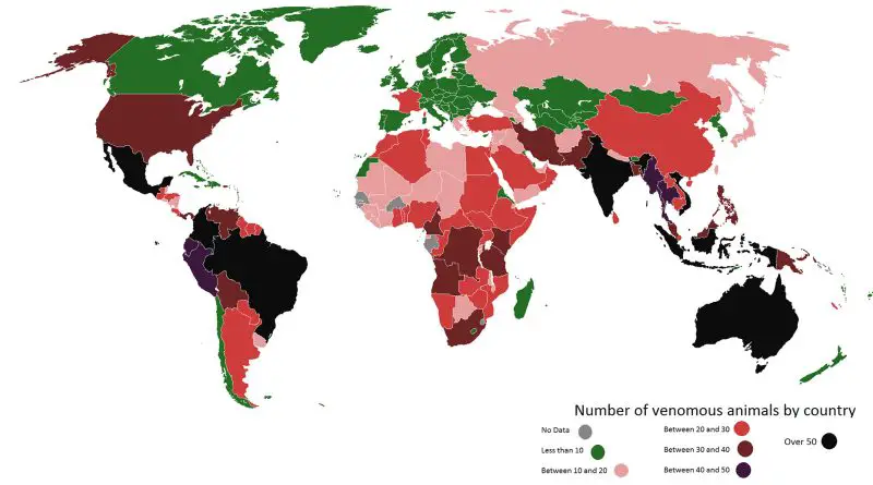 World map of the number of venomous animals