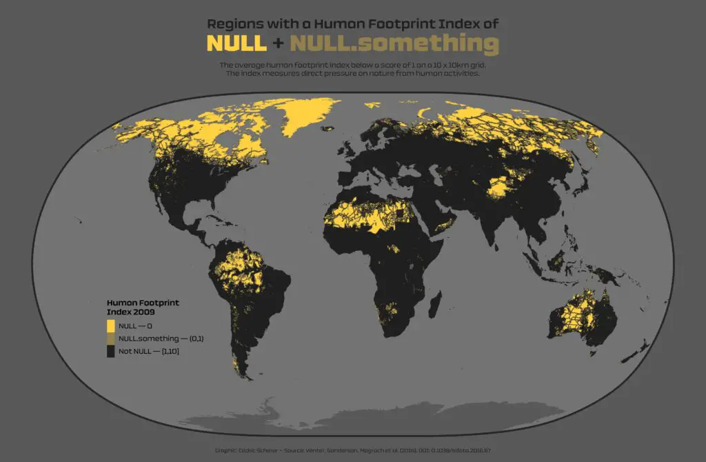 World map of areas with no direct pressures of human activities