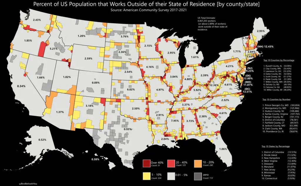 Percent of American Population Working Outside State of Residence Mapped