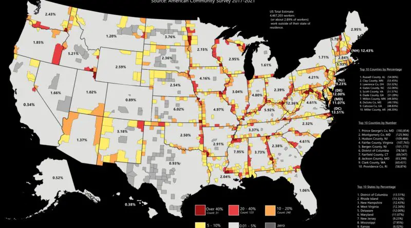 Percent of Americans Working Outside State of Residence mapped