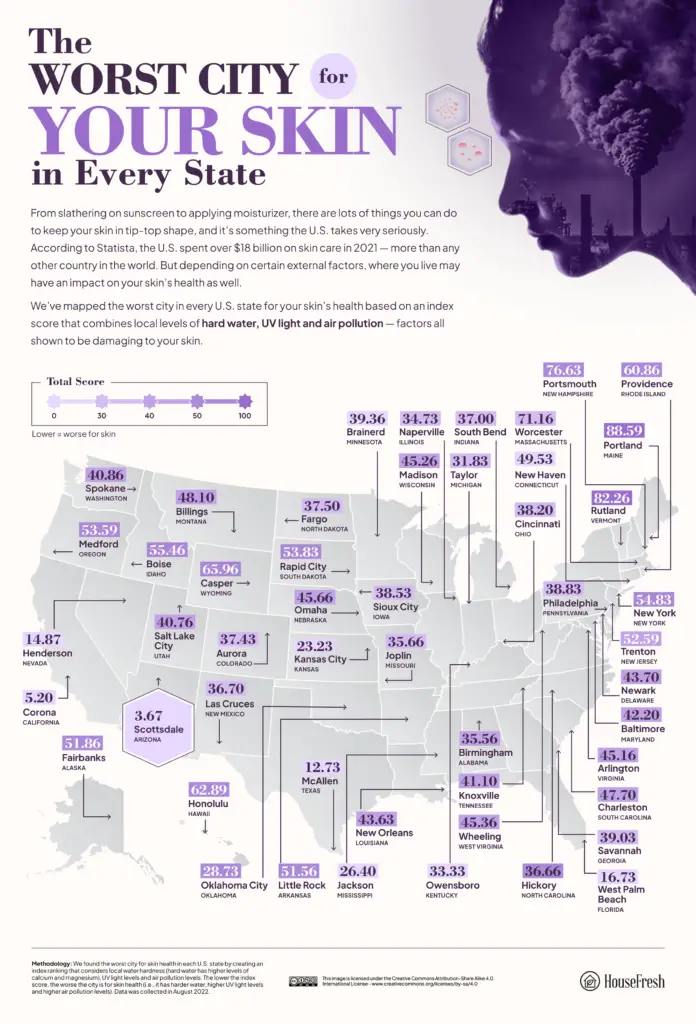 Map of the Worst City for Your Skin in Every U.S. State