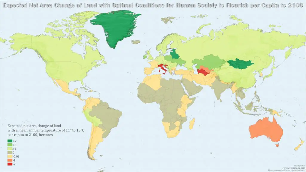 World Map of Expected Net Area Change of Land with Optimal Conditions for Human Society to Flourish per Capita to 2100