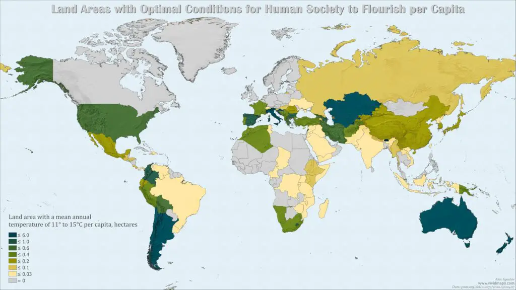 Word map of Land Area with Optimal Conditions for Human Society to Flourish per Capita