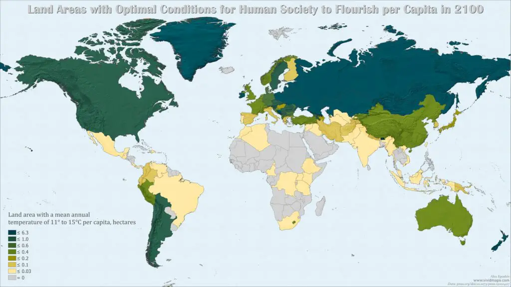 World map of land areas with optimal conditions for human society to flourish per capita in 2100