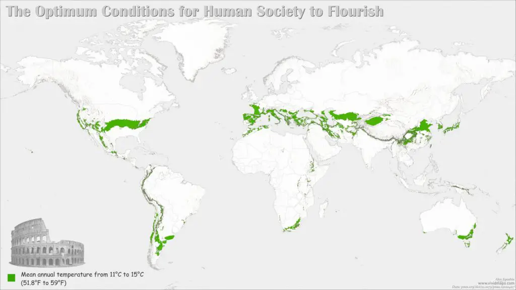 Worl map of territories with optimal conditions for human Society