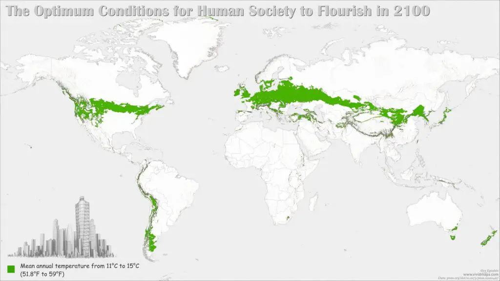 Territories with optimal conditions for human Society (11° to 15°C) in 2100