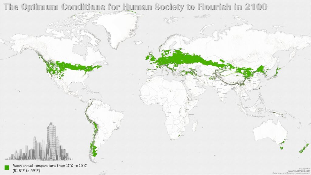 Territories with optimal conditions for human Society (mean temperatuers from 11° to 15°C) in 2100
