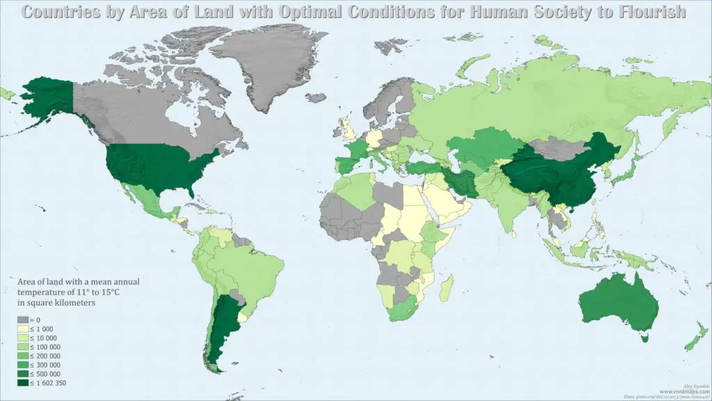 Area of land with optimal conditions for human Society (11° to 15°C) in square kilometers by country