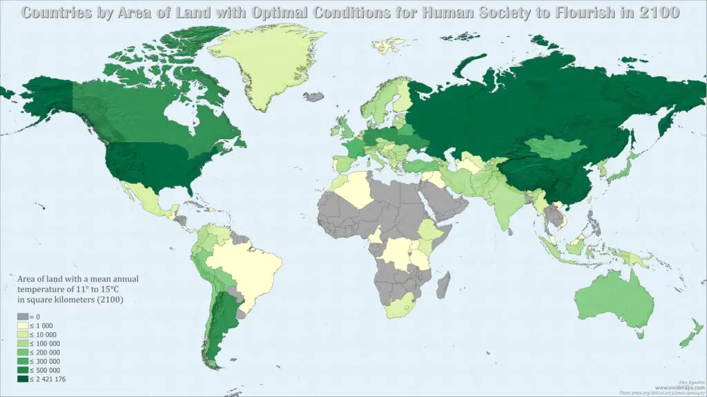 World map of countries by Area of Land with Optimal Conditions for Human Society to Flourish in 2100