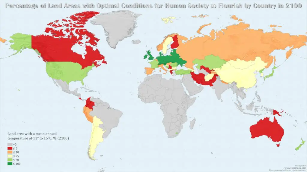 Percentage of land area with optimal conditions for human Society (11° to 15°C) by country in 2100