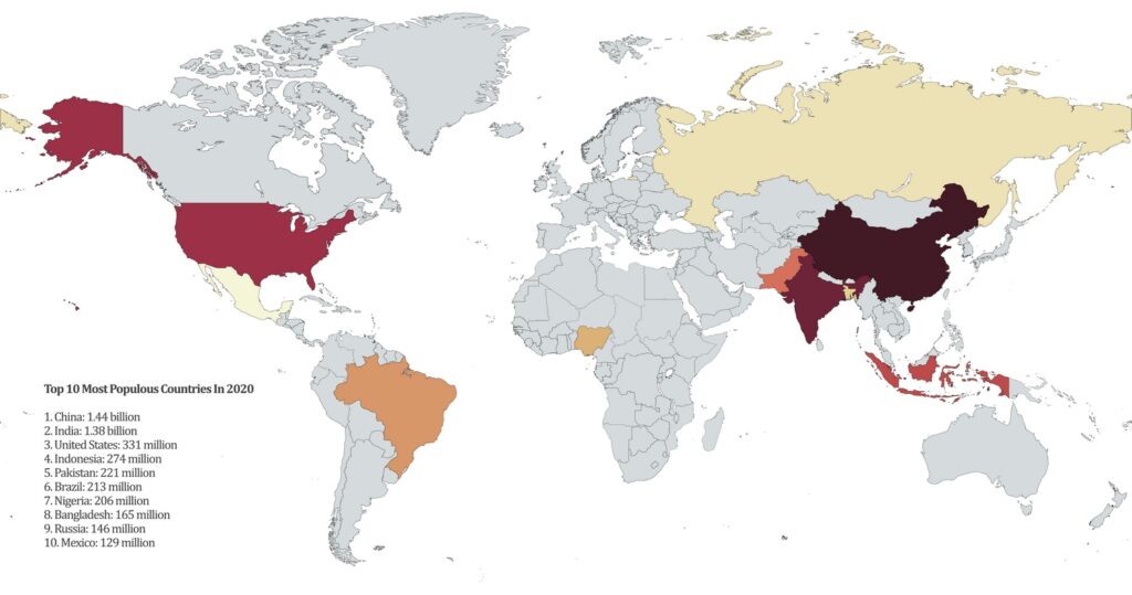 The world map of top 10 most populous countries in 2020