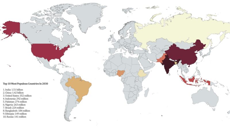 The world map of top 10 most populous countries in 2030