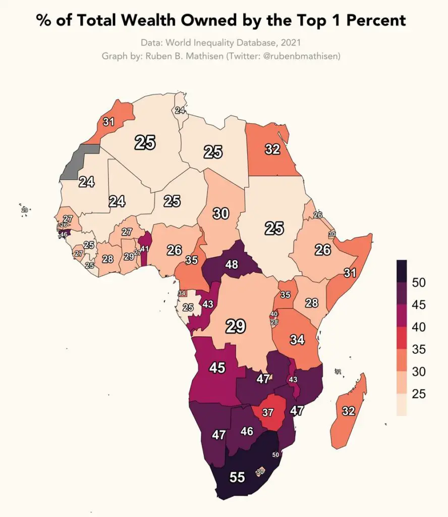 Map of Africa of % of total wealth owned by the top 1 percent