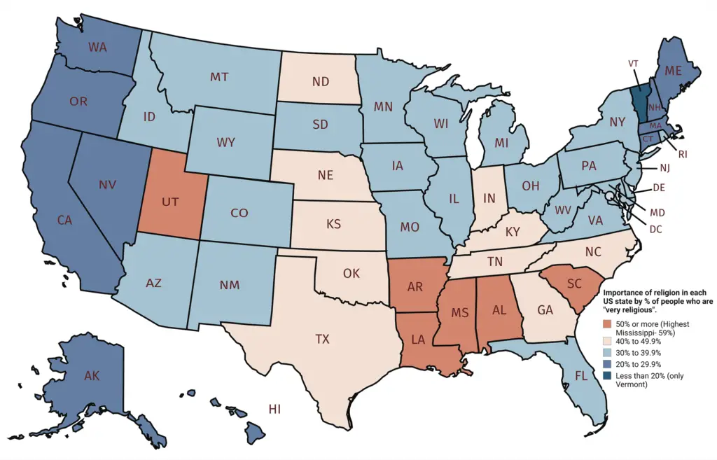 Importance of religion in each state by percentage of people who are "very religious"