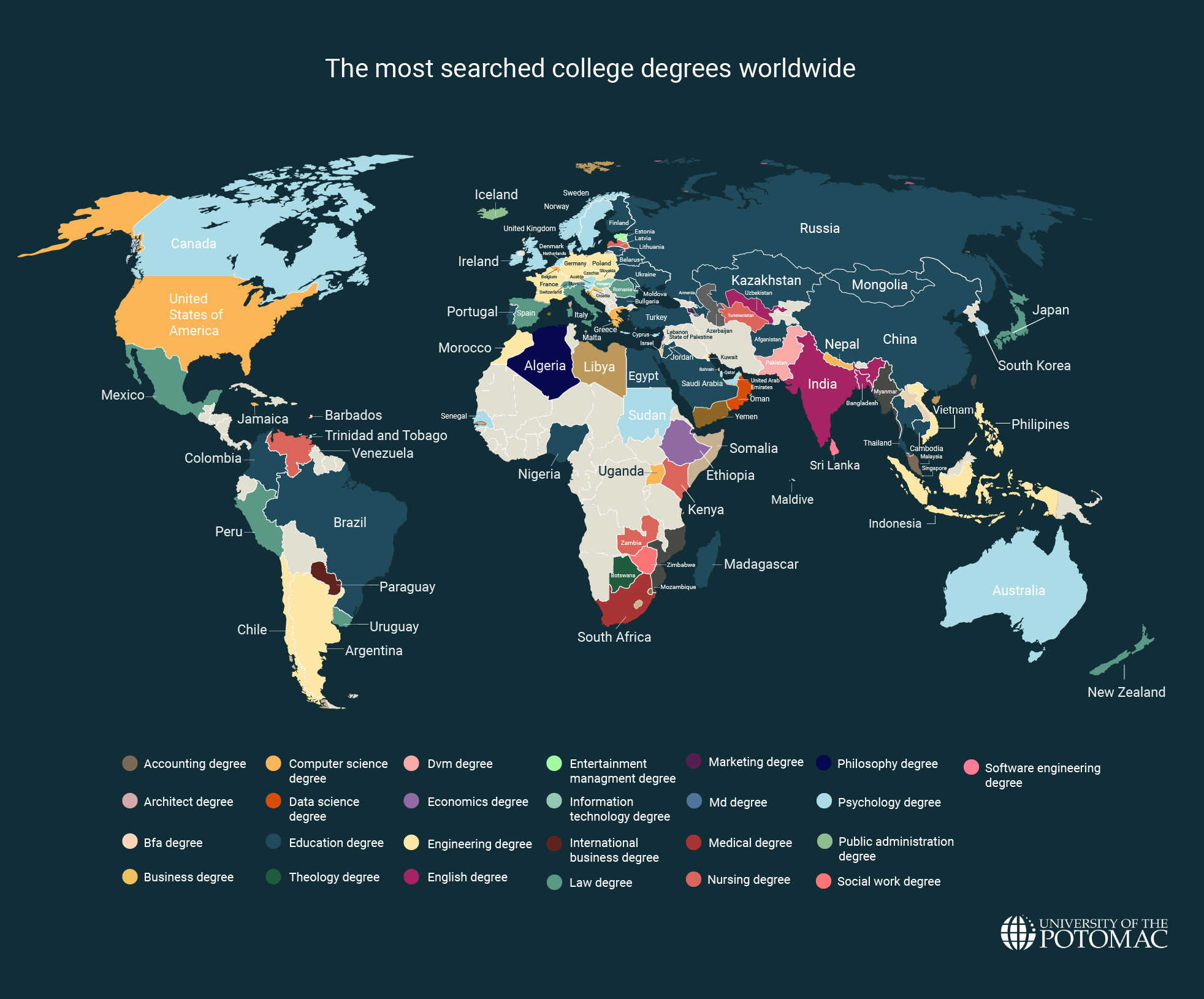 The World Map of the Most Searched College Degrees Worldwide