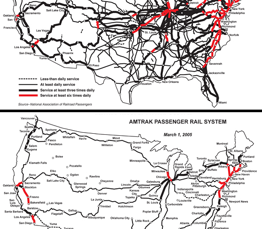 Map of the passenger rail network in the United States in 1962 vs. 2005.